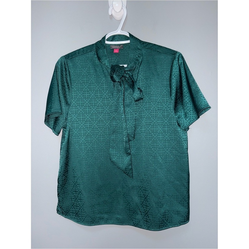 Vince Camuto Emerald Green Silky Short Sleeve Tie-Neck Dress Shirt Size S